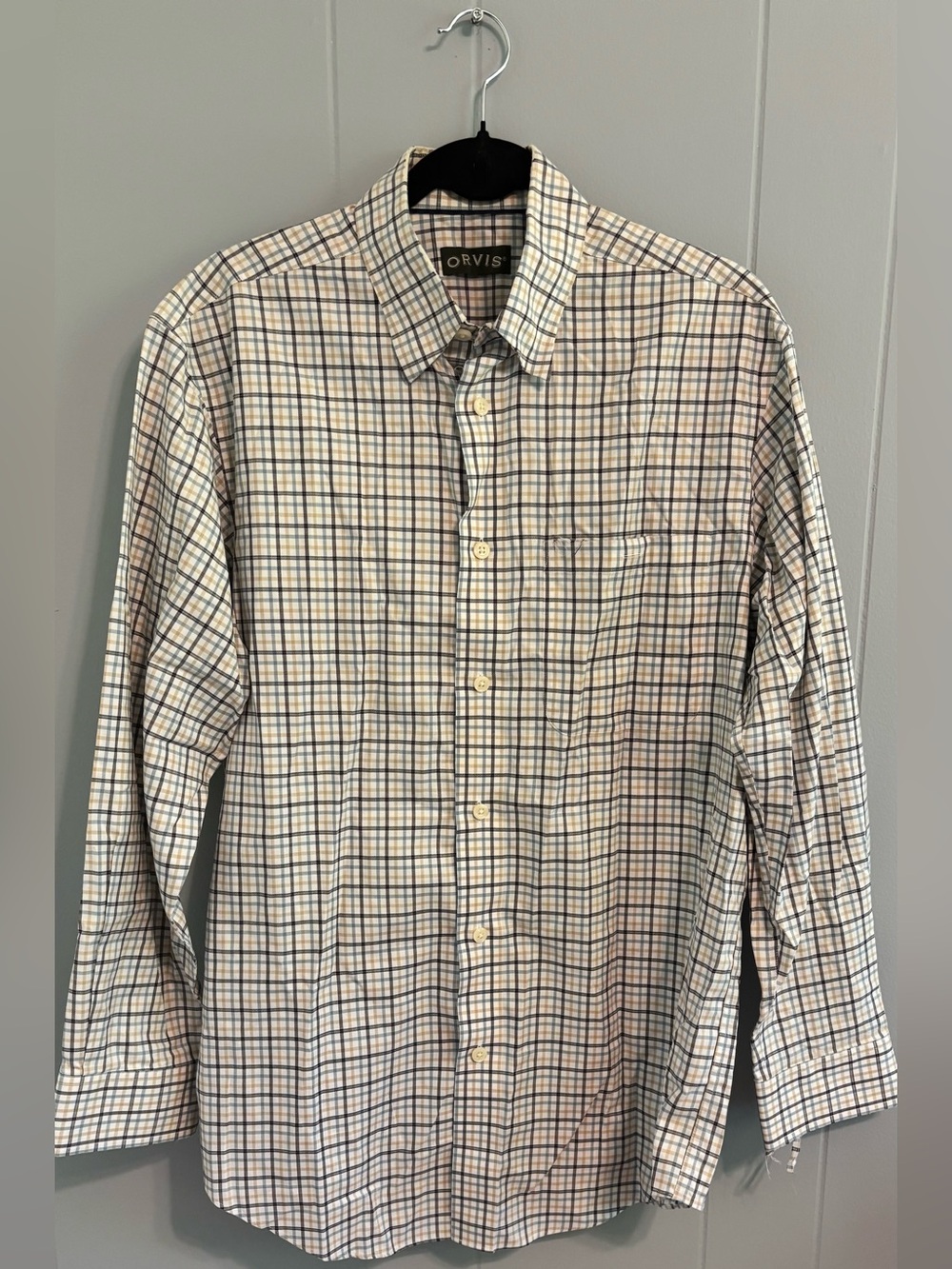 Orvis Cream White Button-Down Shirt with Blue and Tan Plaid